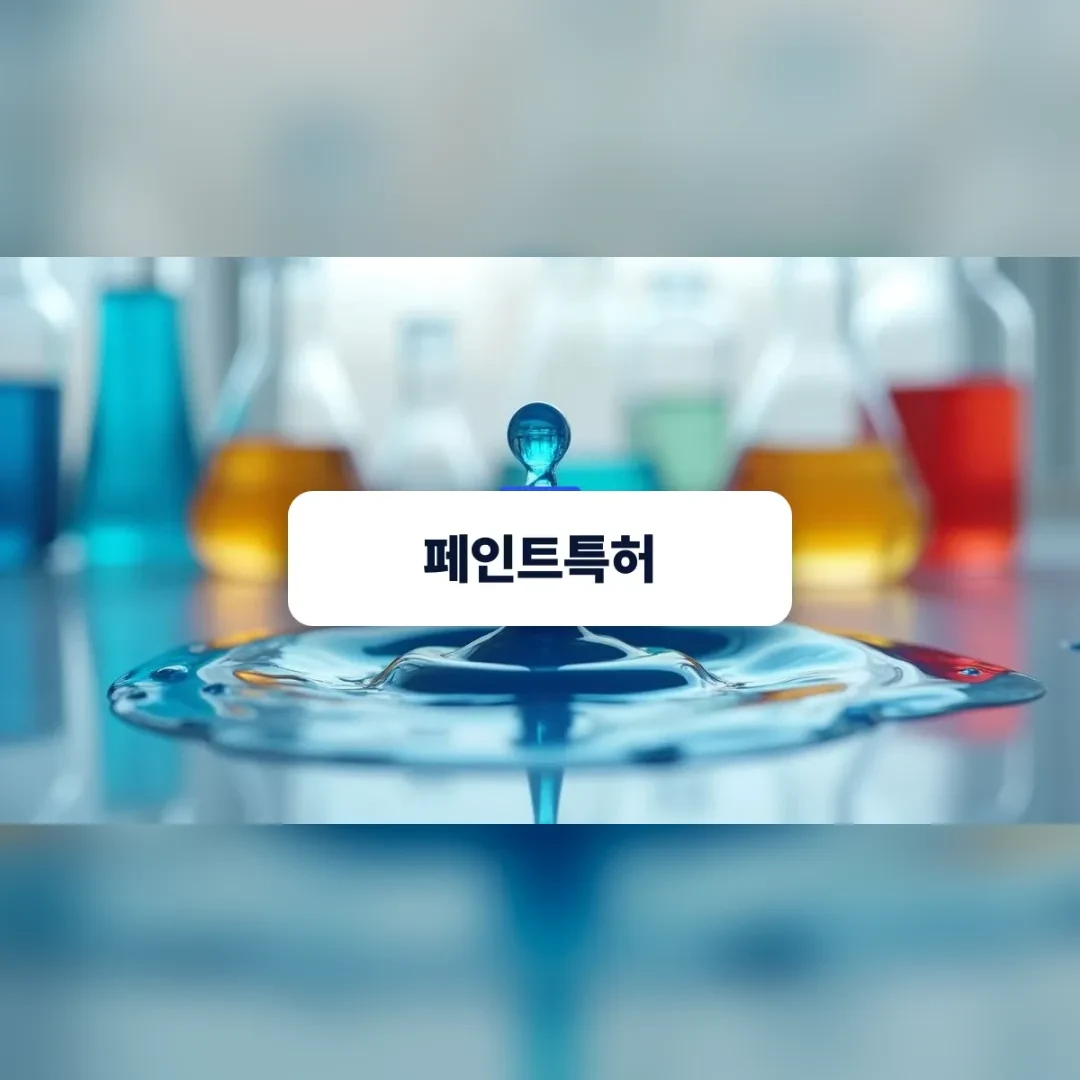 페인트특허 — 색색의 플라스크 앞 푸른 물방울이 떨어지는 수면