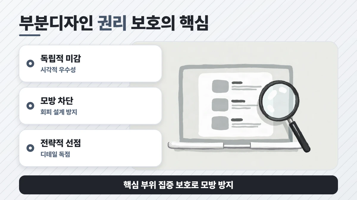부분디자인 권리 보호의 핵심 도표: 독립적 미감, 모방 차단, 전략적 선점. 핵심 부위 집중 보호로 모방 방지