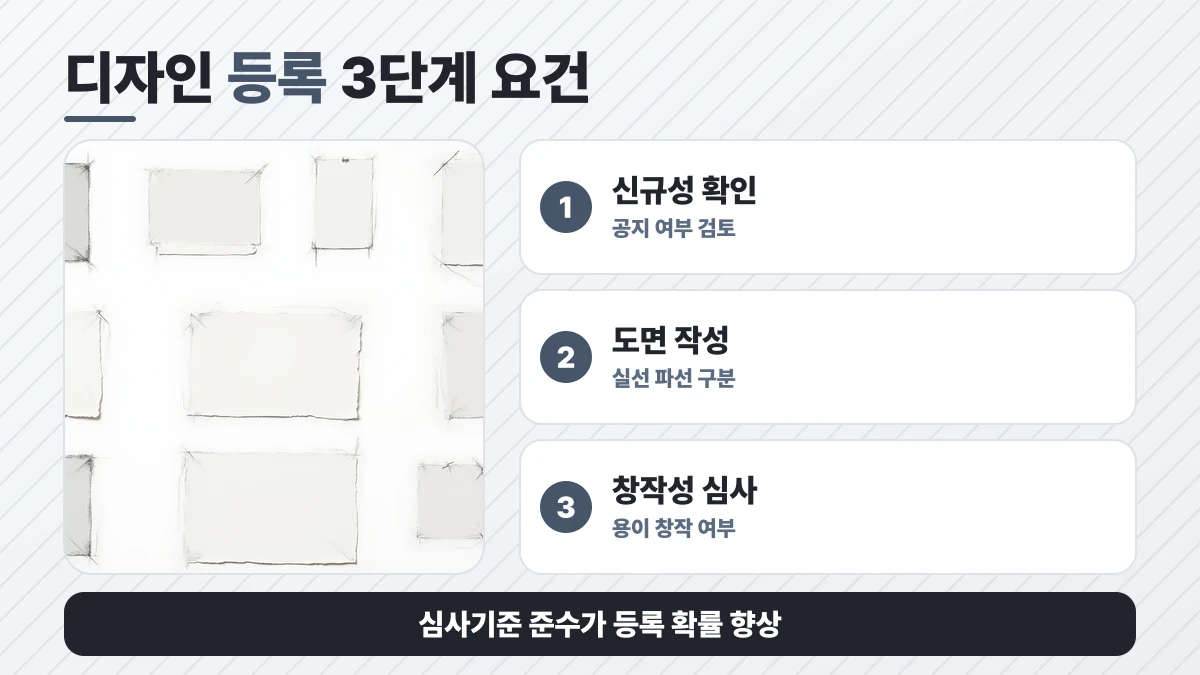 디자인 등록 3단계 요건 도표: 신규성 확인, 도면 작성, 창작성 심사. 심사기준 준수가 등록 확률 향상