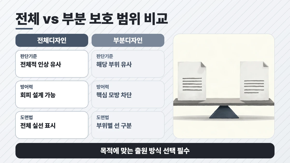 전체 vs 부분 보호 범위 비교: 판단기준은 전체디자인 전체적 인상 유사, 부분디자인 해당 부위 유사; 방어력은 전체디자인 회피 설계 가능, 부분디자인 핵심 모방 차단; 도면법은 전체디자인 전체 실선 표시, 부분디자인 부위별 선 구분. 목적에 맞는 출원 방식 선택 필수