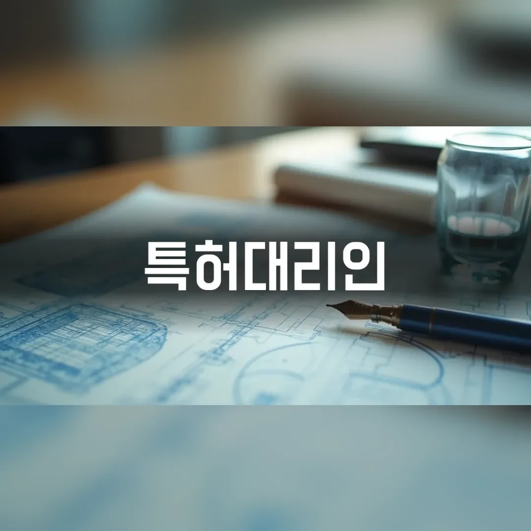 특허대리인 — 원목 책상 위 설계 도면과 만년필