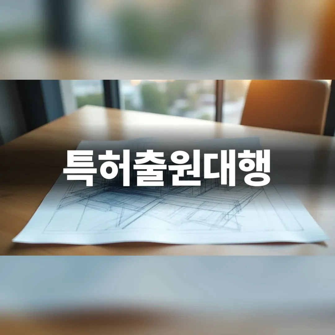 특허출원대행 — 원목 책상 위에 펼쳐진 도면