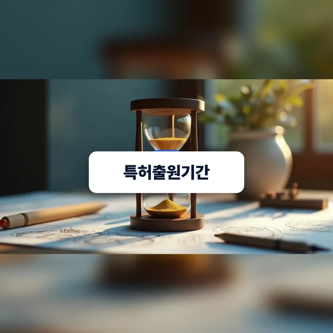 특허출원기간 — 원목 책상 위 도면과 모래시계