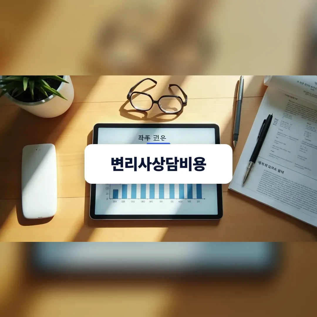 변리사상담비용 — 원목 책상 위 막대그래프가 뜬 태블릿과 안경