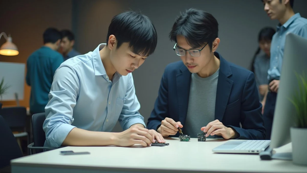 사무실에서 두 가지 시제품 모듈의 구조 차이를 비교 관찰하는 한국인 창업자