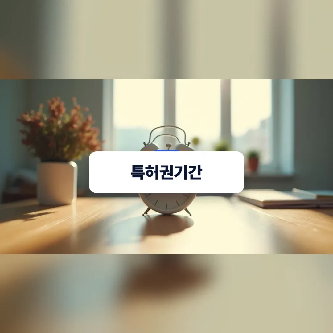 특허권기간 — 햇살 드는 창가 탁자 위 탁상시계와 화분