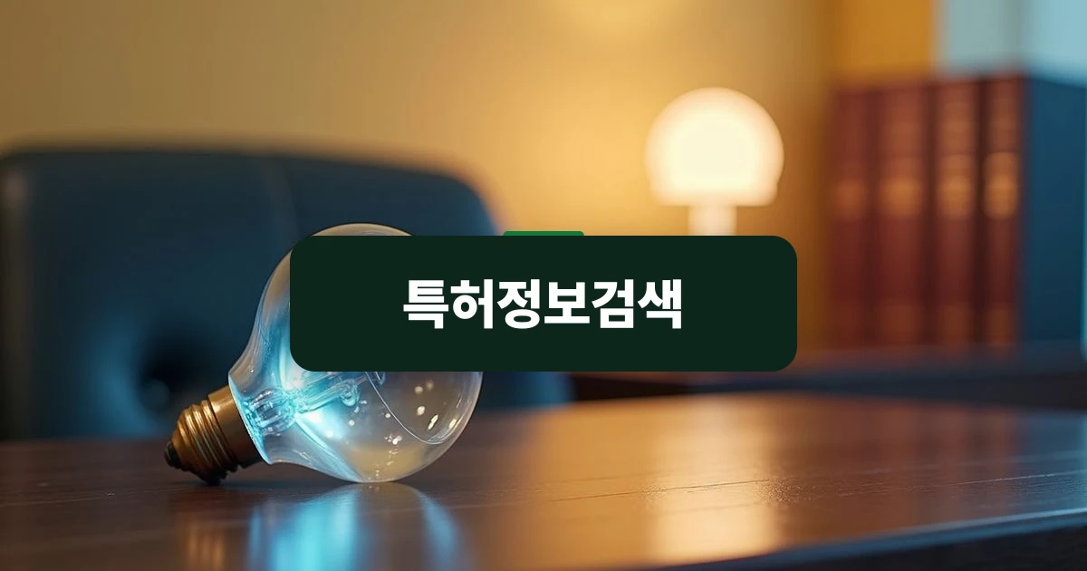 특허정보검색 — 어두운 나무 책상 위에 놓인 유리 프리즘 형태의 전구 모양 조형물과 배경의 법률 서적