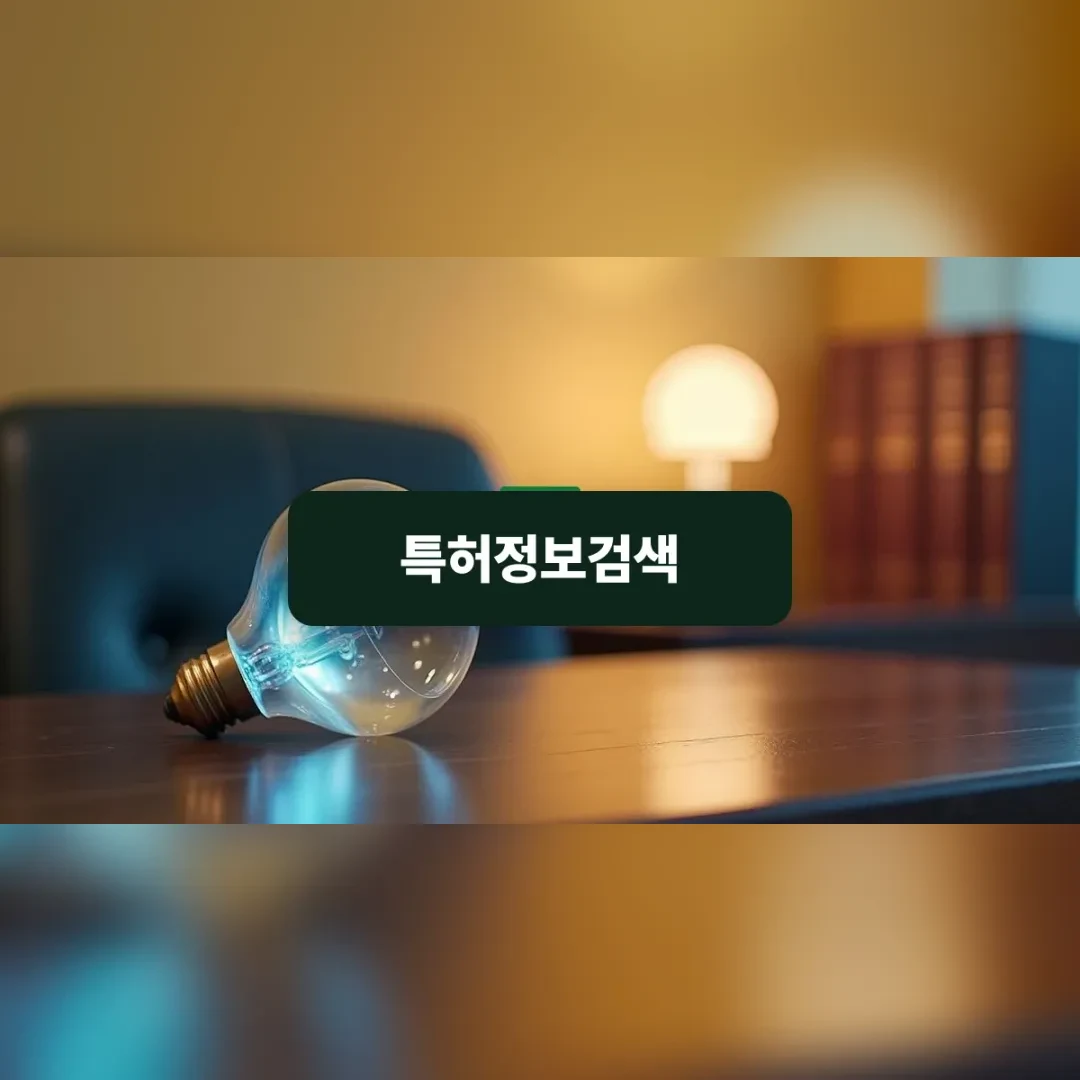 특허정보검색 — 어두운 나무 책상 위에 놓인 유리 프리즘 형태의 전구 모양 조형물과 배경의 법률 서적