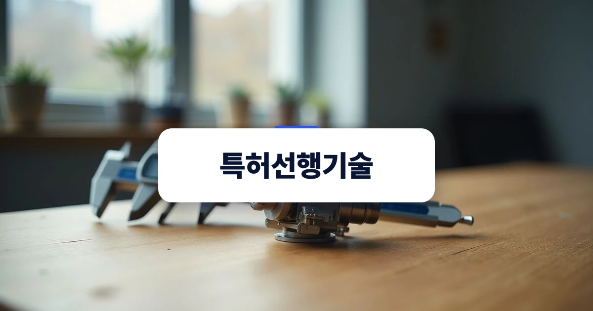특허선행기술 — 원목 작업대 위에 놓인 정밀 기계 부품 시제품과 디지털 캘리퍼스
