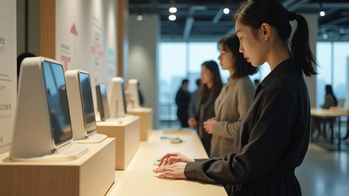 전시장 부스에서 새로 제작한 제품 샘플을 정돈하는 한국인 제품 디자이너