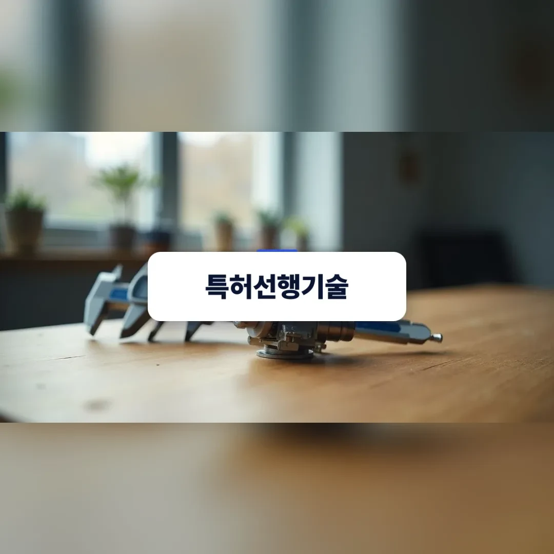 특허선행기술 — 원목 작업대 위에 놓인 정밀 기계 부품 시제품과 디지털 캘리퍼스