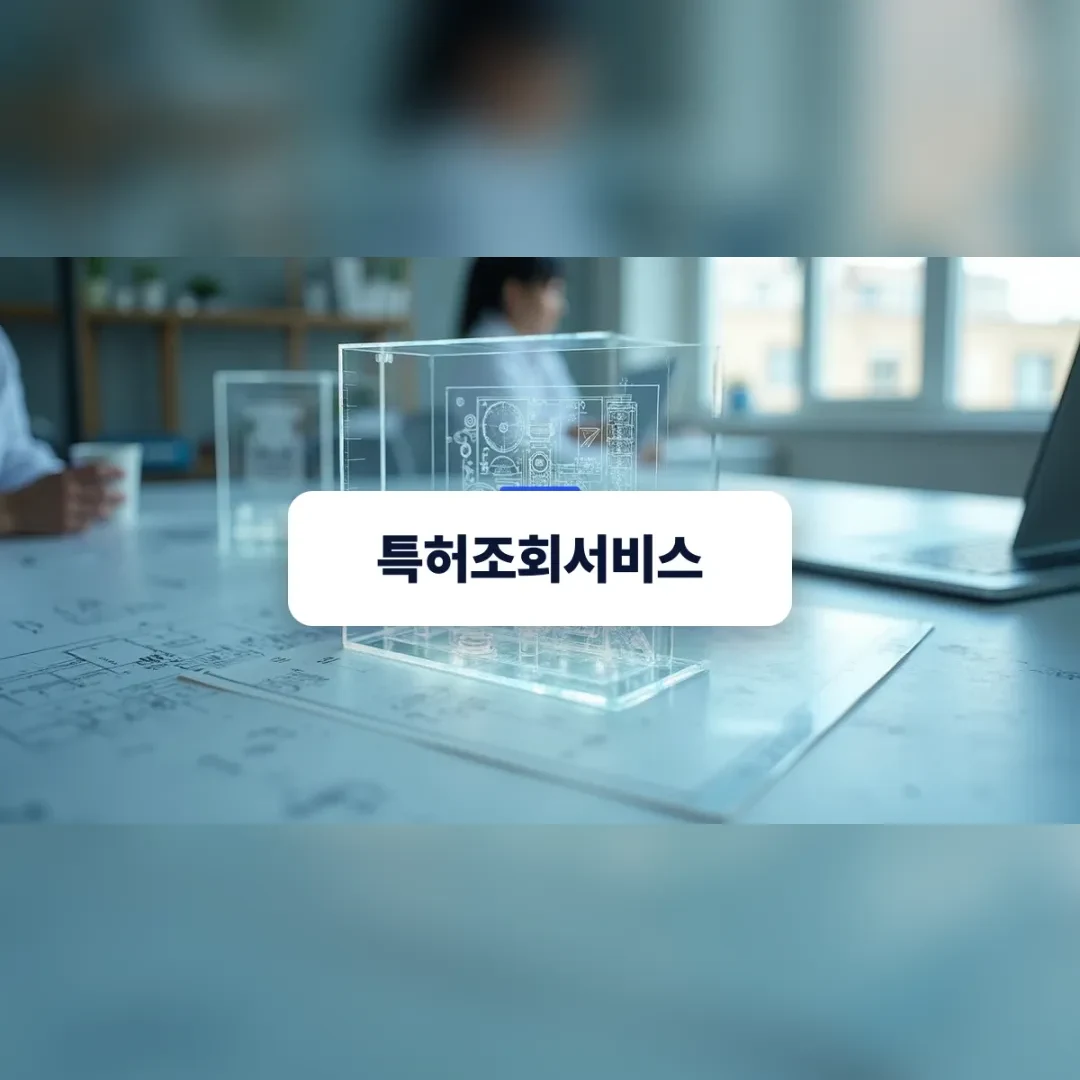 특허조회서비스 — 도면 위에 놓인 투명한 아크릴 상자와 노트북