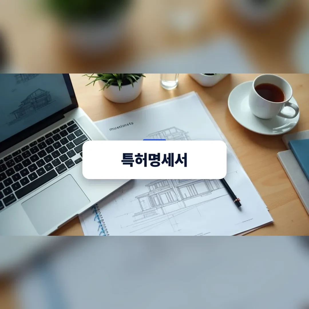 특허명세서 — 원목 책상 위 노트북과 설계 도면, 찻잔
