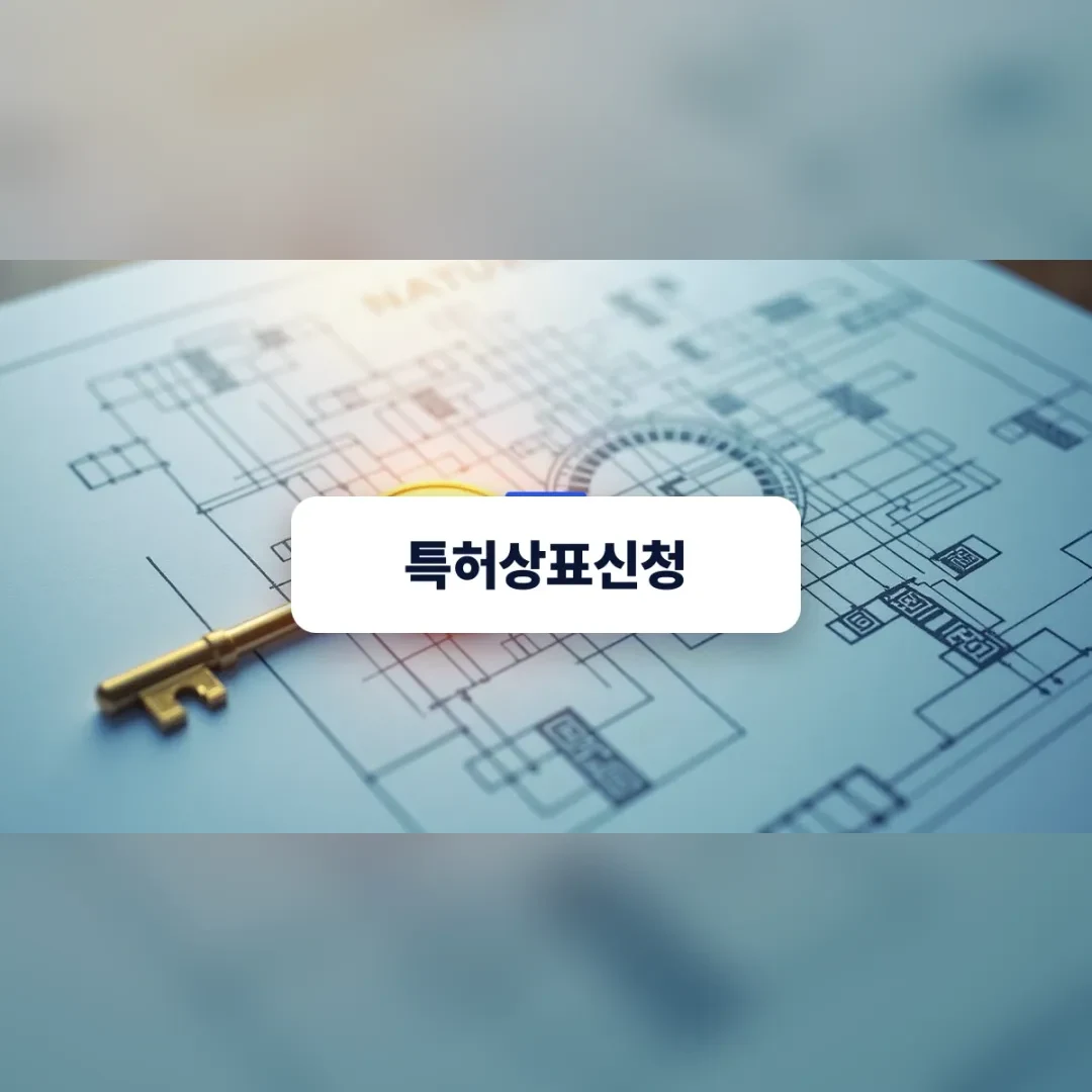 특허상표신청 — 설계 도면 위에 놓인 금색 열쇠