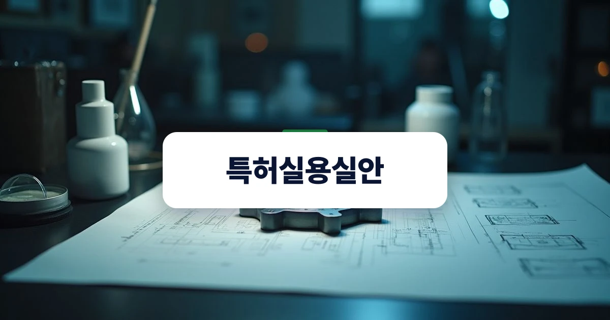 특허실용실안 — 실험실 책상 위에 금속 기어 부품 시제품과 도면이 함께 놓여 있는 장면
