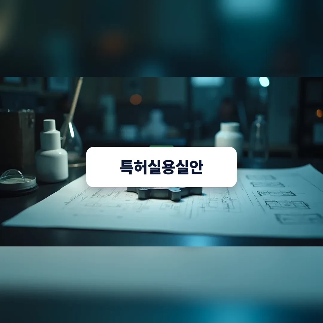 특허실용실안 — 실험실 책상 위에 금속 기어 부품 시제품과 도면이 함께 놓여 있는 장면