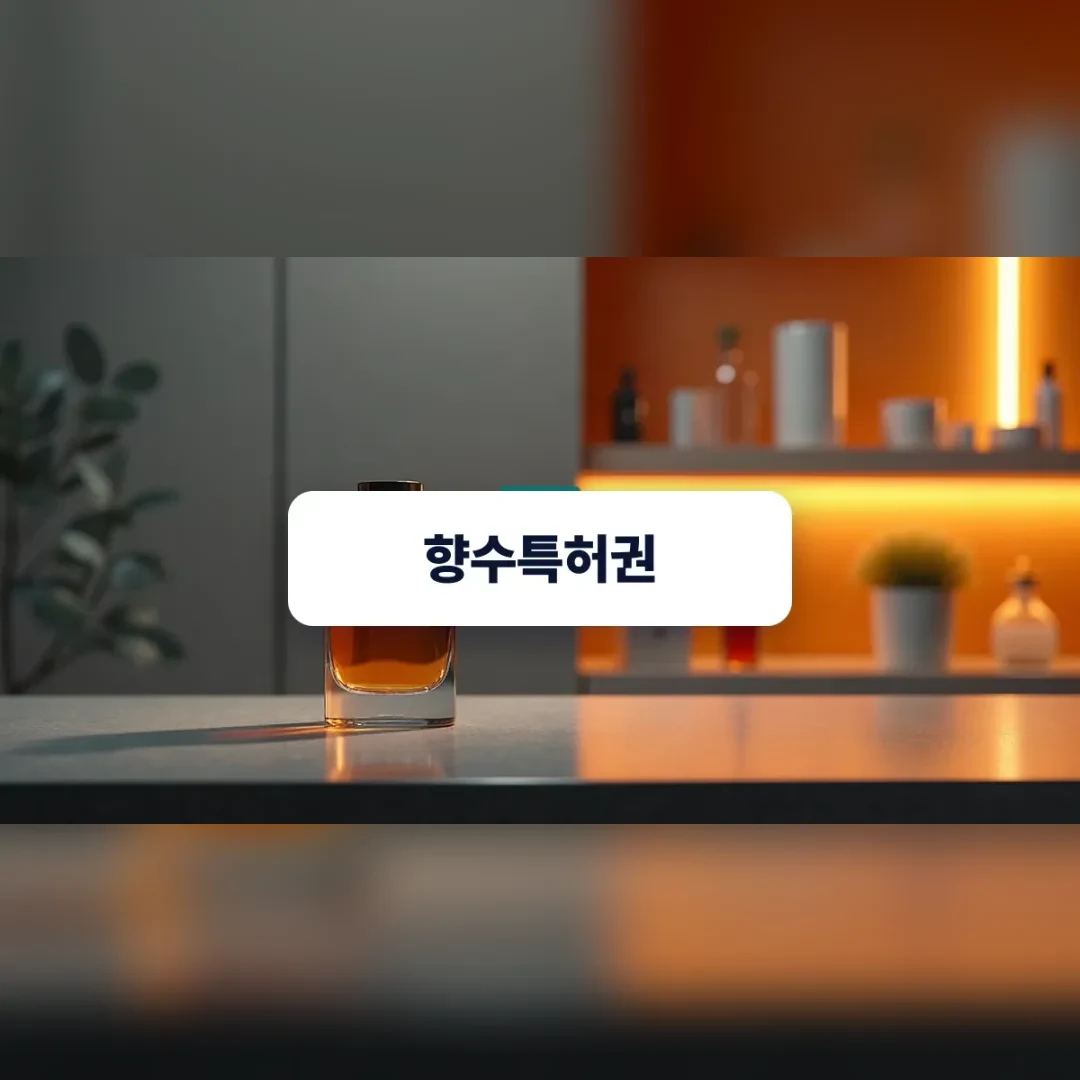 향수특허권 — 연구소 작업대 위에 놓인 고급스러운 향수병