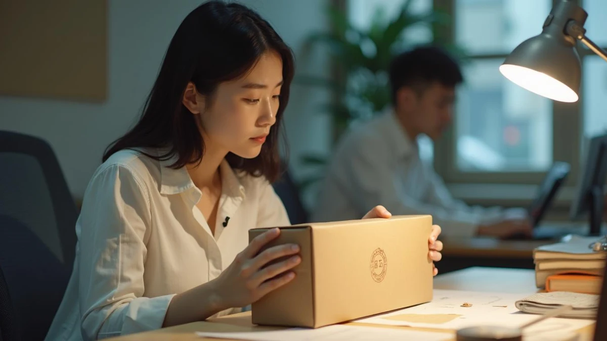 새로운 패키지 박스 프로토타입의 결합 요소를 점검하는 한국인 디자이너