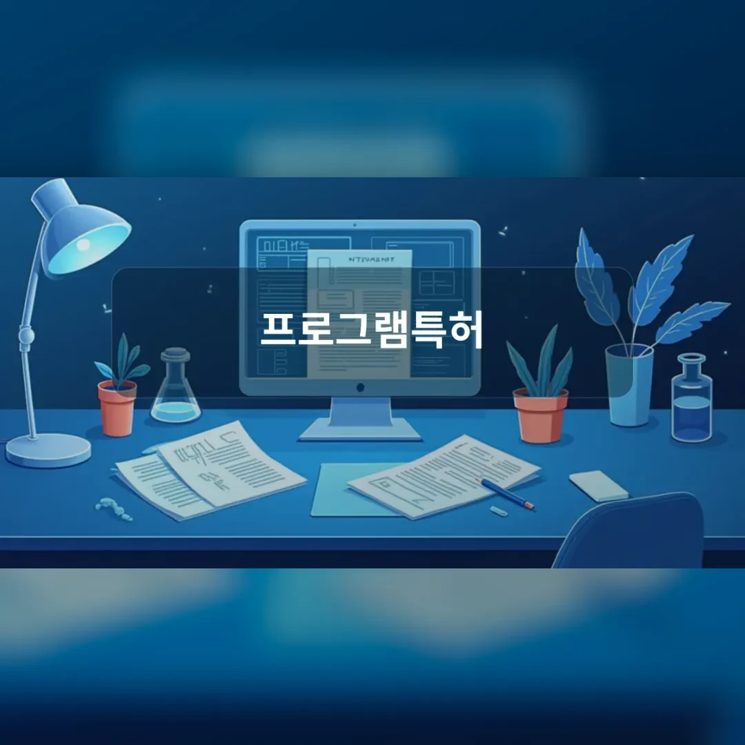 프로그램특허 — 모니터와 플라스크, 화분이 놓인 푸른 책상 일러스트
