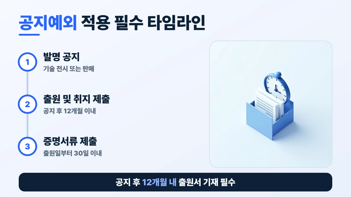공지예외 적용 필수 타임라인 도표: 발명 공지, 출원 및 취지 제출, 증명서류 제출. 공지 후 12개월 내 출원서 기재 필수