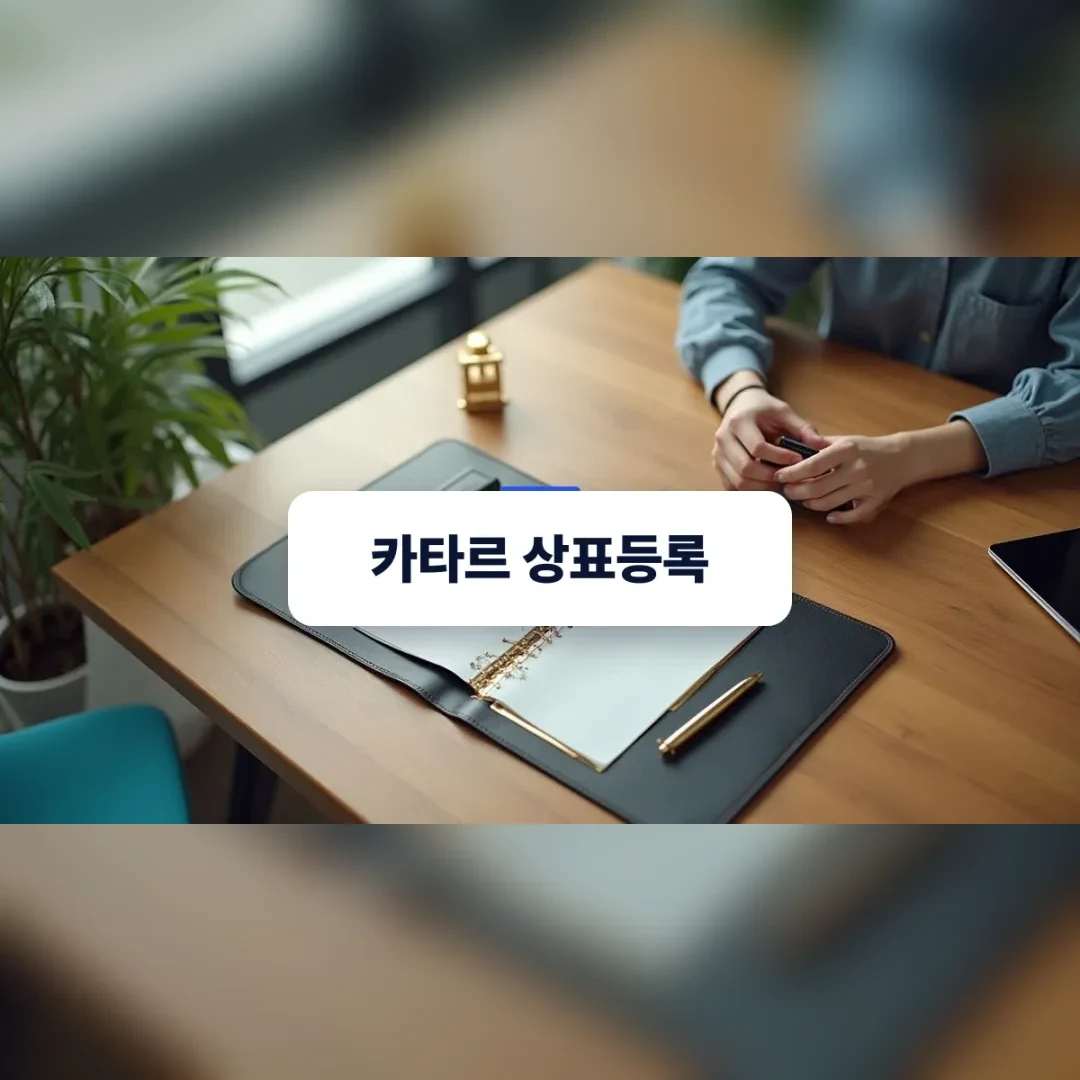 카타르 상표등록 — 원목 책상 위 가죽 폴더를 펼친 손
