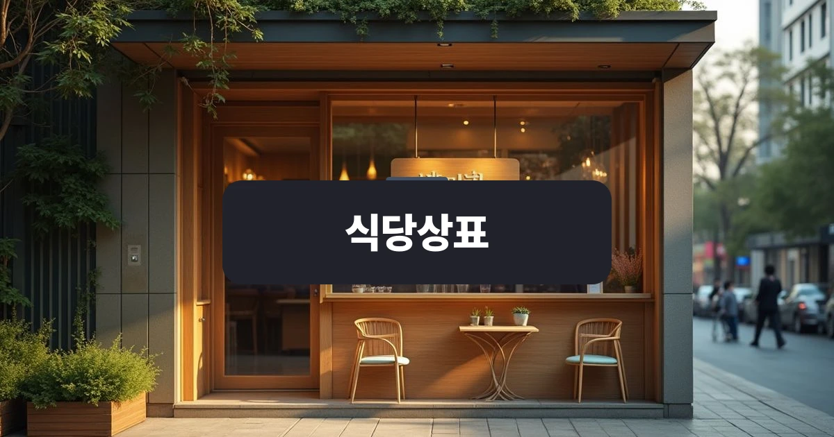 식당상표 — 따뜻한 저녁 햇살이 비치는 깔끔한 목재 간판의 한국 식당 외관