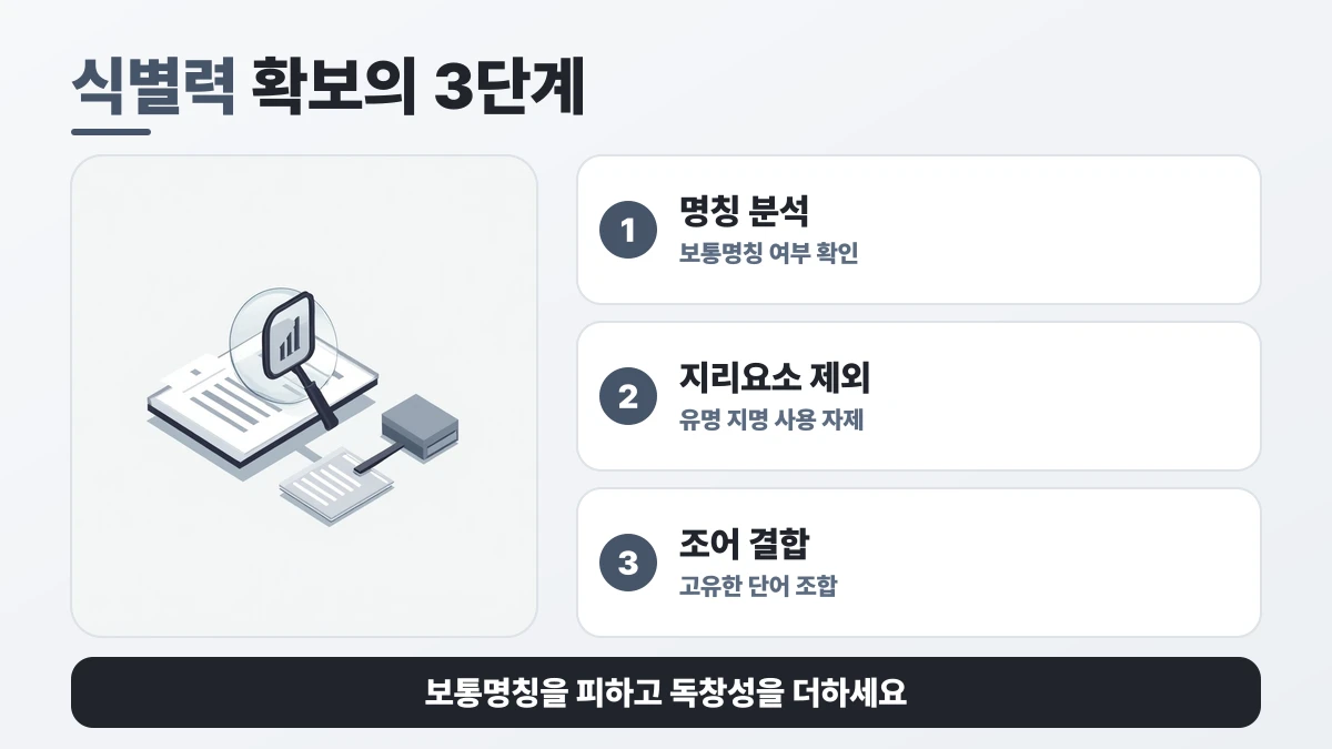 식별력 확보의 3단계 도표: 명칭 분석, 지리요소 제외, 조어 결합. 보통명칭을 피하고 독창성을 더하세요