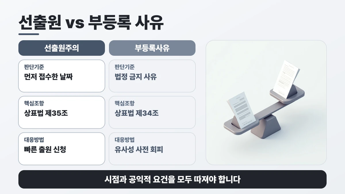 선출원 vs 부등록 사유 비교표: 판단기준은 선출원주의 먼저 접수한 날짜, 부등록사유 법정 금지 사유; 핵심조항은 선출원주의 상표법 제35조, 부등록사유 상표법 제34조; 대응방법은 선출원주의 빠른 출원 신청, 부등록사유 유사성 사전 회피. 시점과 공익적 요건을 모두 따져야 합니다