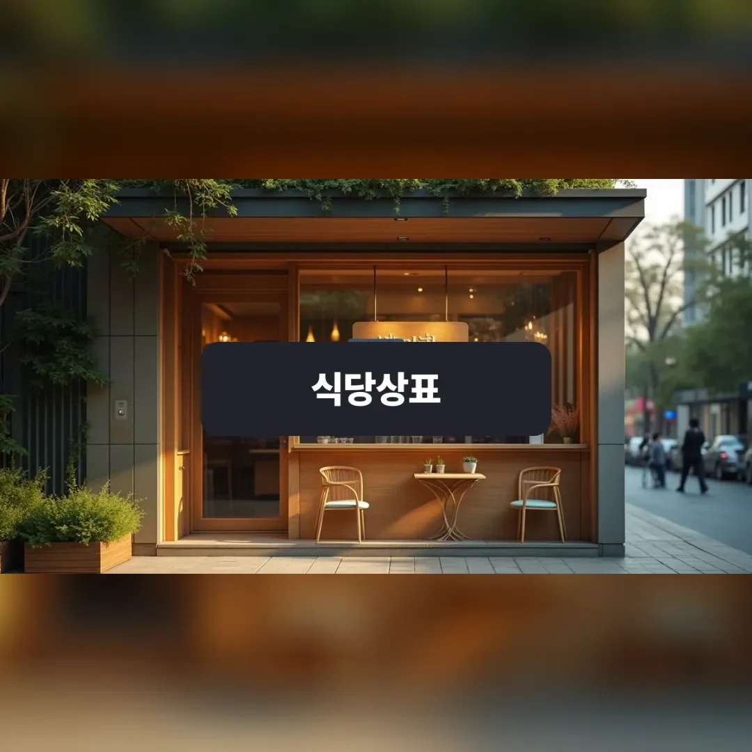 식당상표 — 따뜻한 저녁 햇살이 비치는 깔끔한 목재 간판의 한국 식당 외관