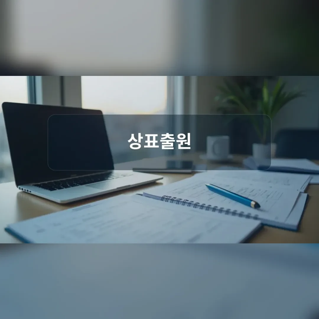 상표출원 — 창가 책상 위의 노트북과 스프링 노트, 펜