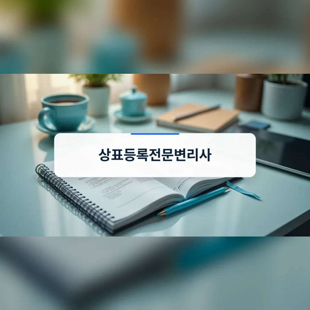 상표등록전문변리사 — 책상 위 펼친 스프링 노트와 펜, 찻잔