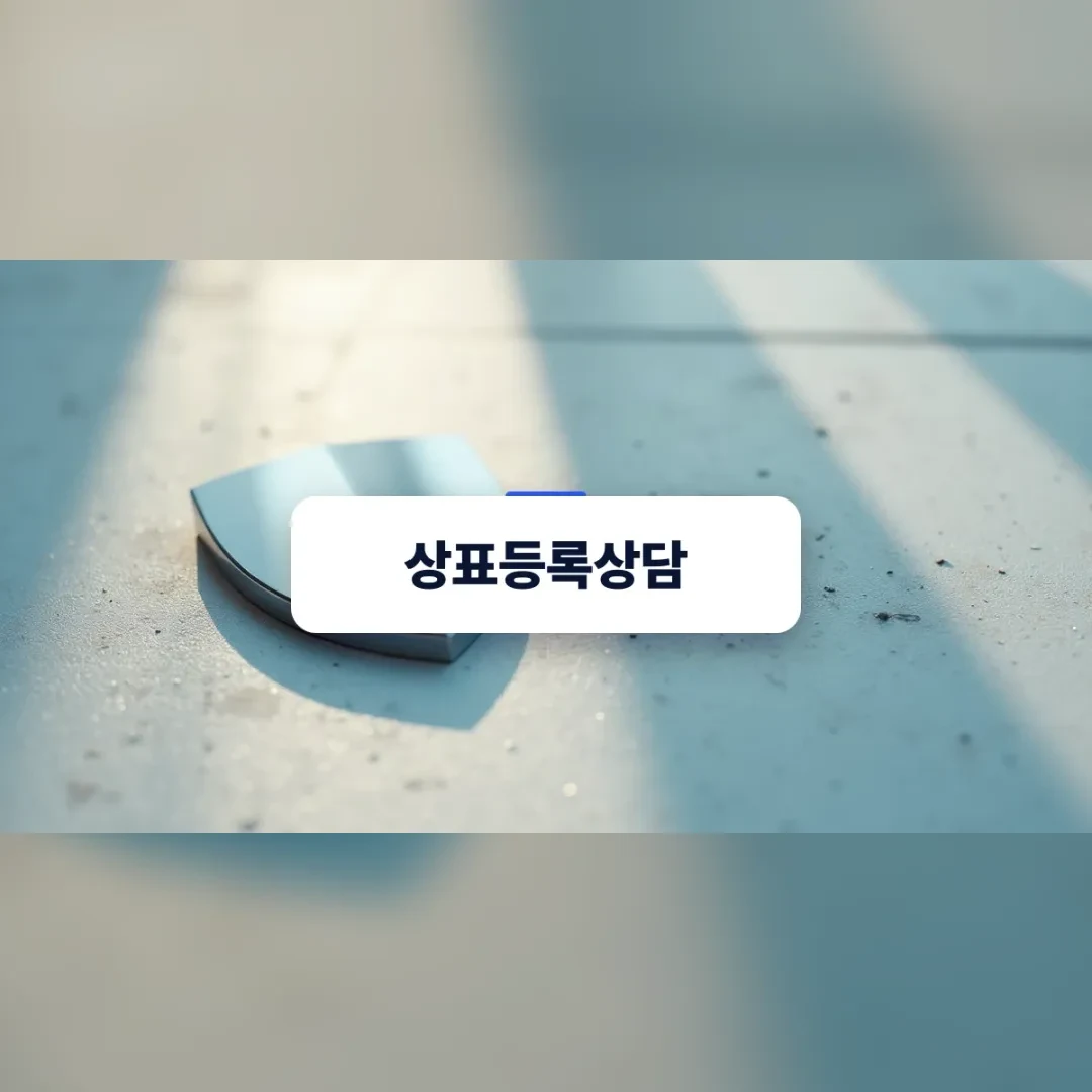 상표등록상담 — 햇빛이 비치는 흰 바닥 위 하늘색 방패 조각