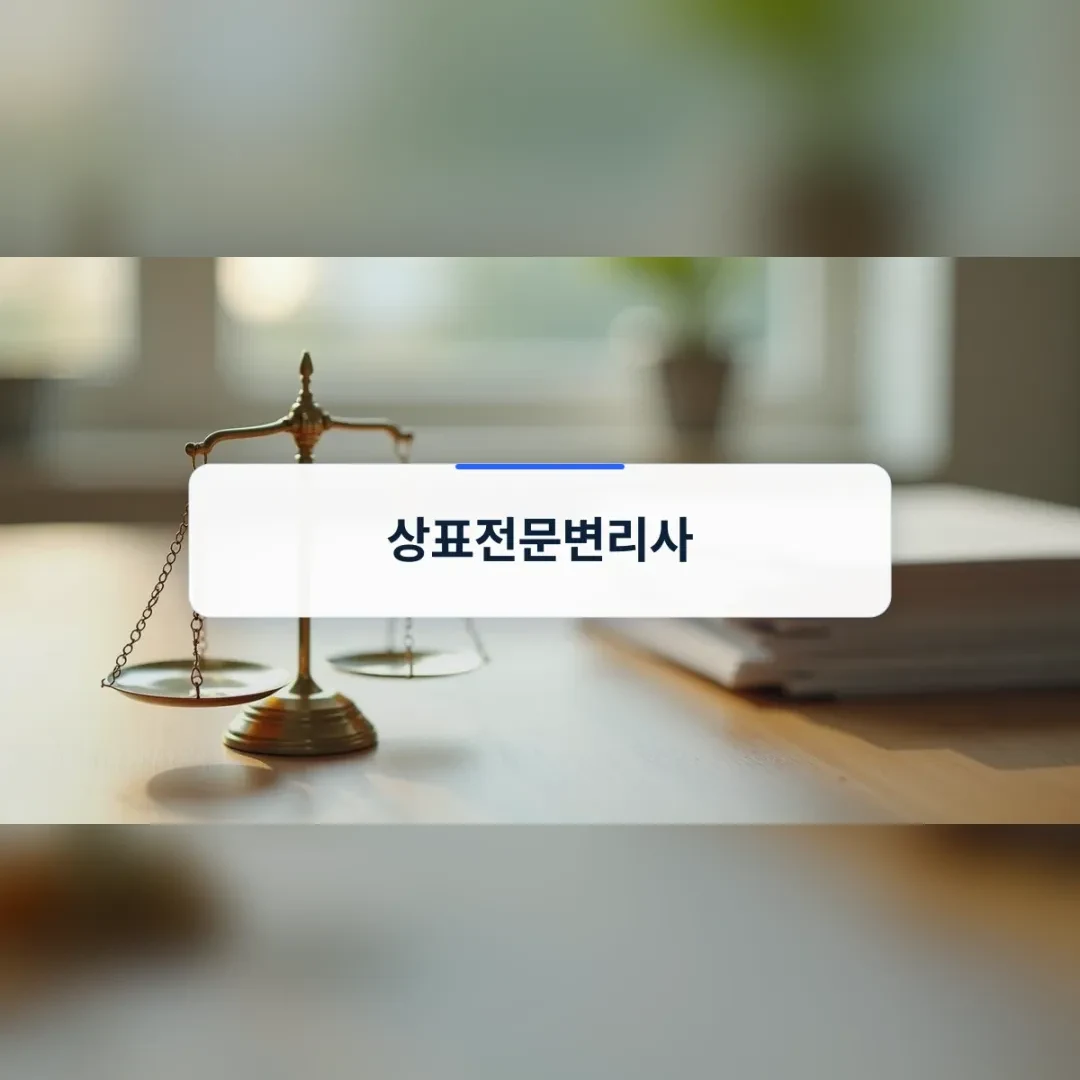 상표전문변리사 — 원목 책상 위 금색 저울과 서류