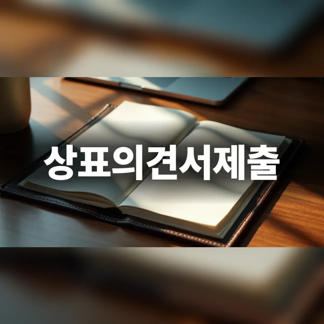 상표의견서제출 — 원목 책상 위 펼쳐진 가죽 노트
