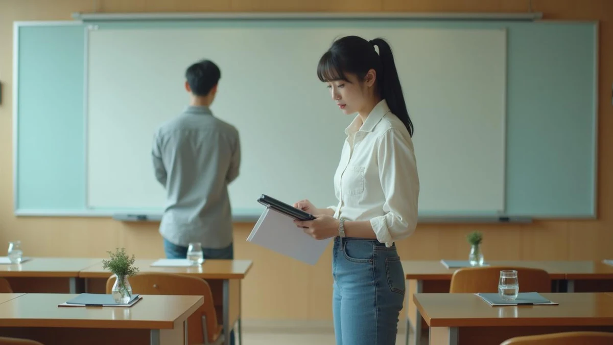 학원 개원을 앞두고 상호 충돌 위험과 시설을 점검하는 원장