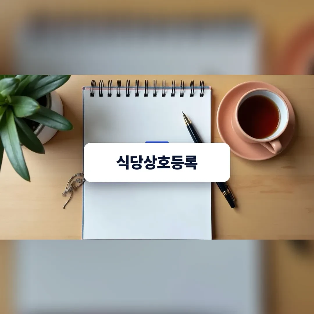 식당상호등록 — 원목 책상 위 스프링 노트와 만년필, 찻잔