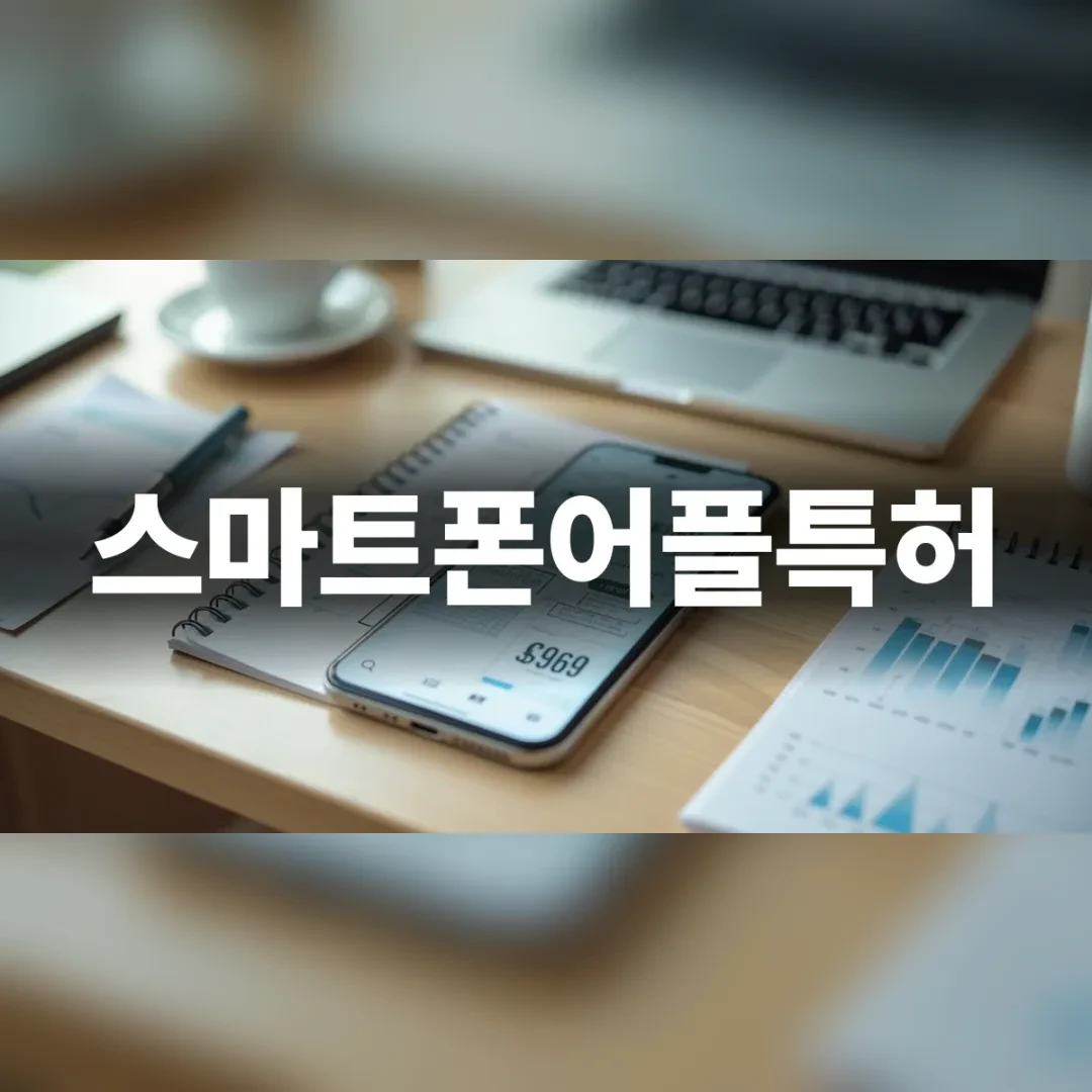 스마트폰어플특허 — 원목 책상 위 스마트폰과 노트, 그래프 서류