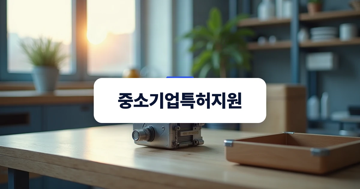 중소기업특허지원 — 작업대 위에 놓인 기계 정밀 시제품과 중소기업특허지원을 준비하는 하드웨어 부품