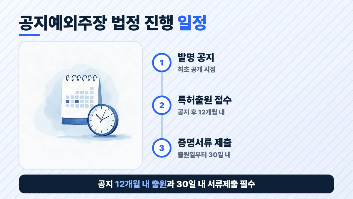 공지예외주장 법정 진행 일정 도표: 발명 공지, 특허출원 접수, 증명서류 제출. 공지 12개월 내 출원과 30일 내 서류제출 필수