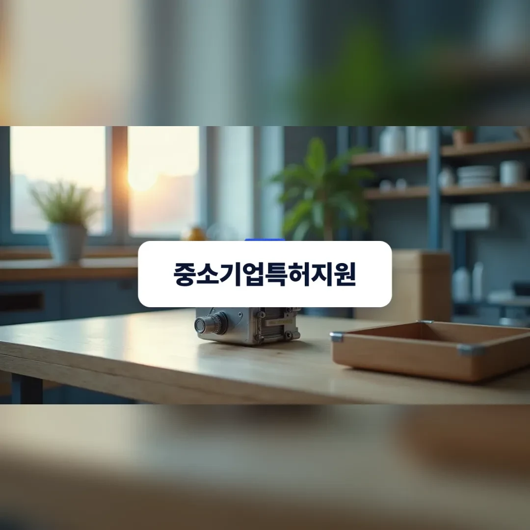 중소기업특허지원 — 작업대 위에 놓인 기계 정밀 시제품과 중소기업특허지원을 준비하는 하드웨어 부품