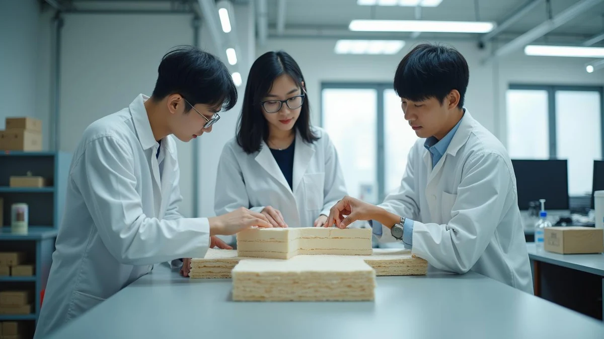 방음벽 판넬의 내부 구조를 연구실에서 검토하는 한국인 연구원들