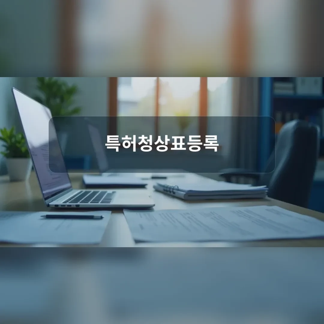 지식재산처상표등록 — 창가 책상 위의 노트북과 서류 더미