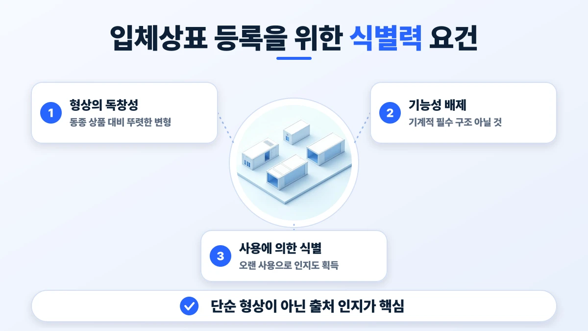 입체상표 등록을 위한 식별력 요건 도표: 형상의 독창성, 기능성 배제, 사용에 의한 식별. 단순 형상이 아닌 출처 인지가 핵심
