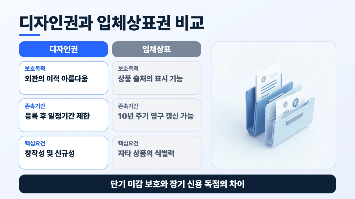 디자인권과 입체상표권 비교 비교표: 보호목적은 디자인권 외관의 미적 아름다움, 입체상표 상품 출처의 표시 기능; 존속기간은 디자인권 등록 후 일정기간 제한, 입체상표 10년 주기 영구 갱신 가능; 핵심요건은 디자인권 창작성 및 신규성, 입체상표 자타 상품의 식별력. 단기 미감 보호와 장기 신용 독점의 차이