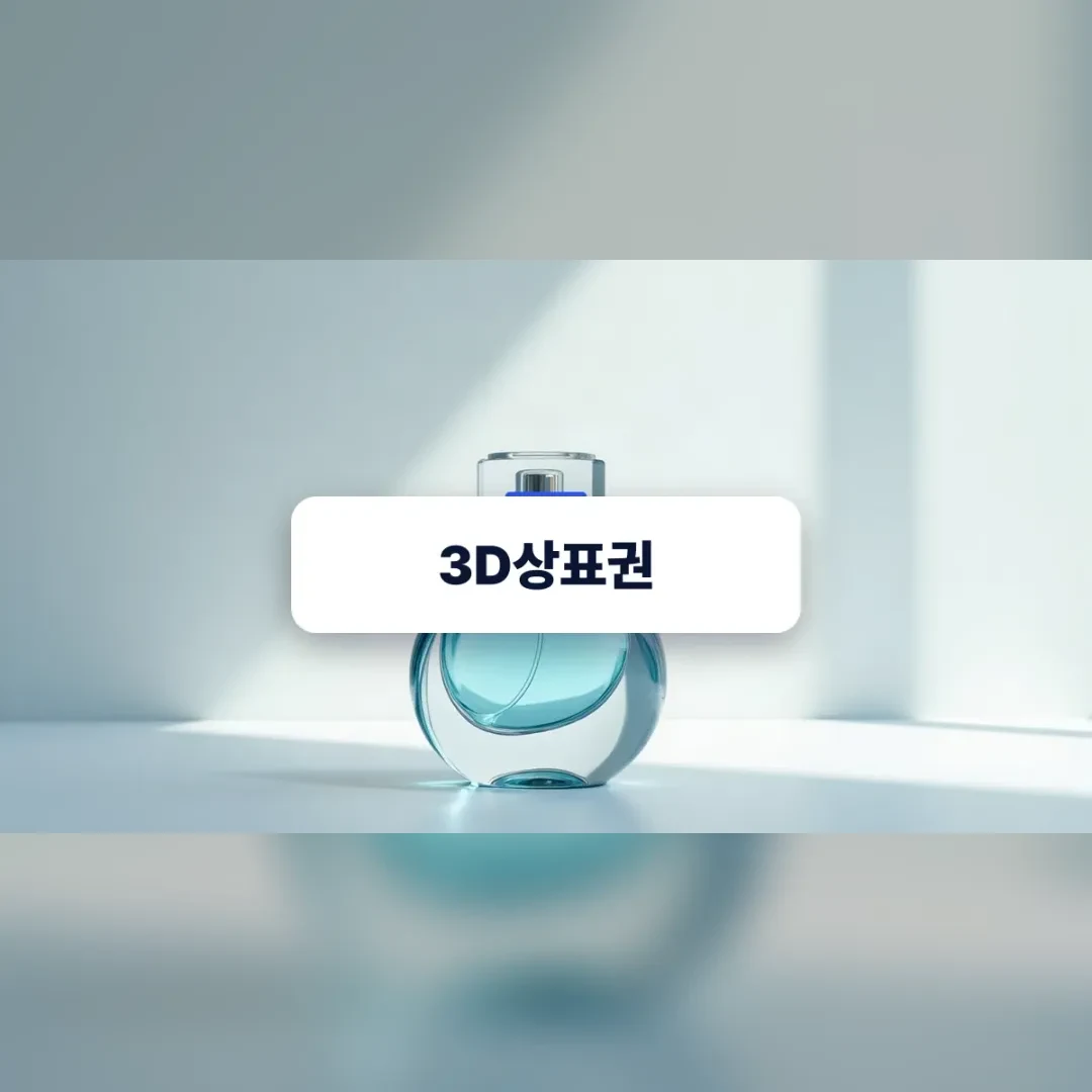 3D상표권 — 부드러운 조명 아래 놓인 독특한 형태의 유리 향수병 입체 모습