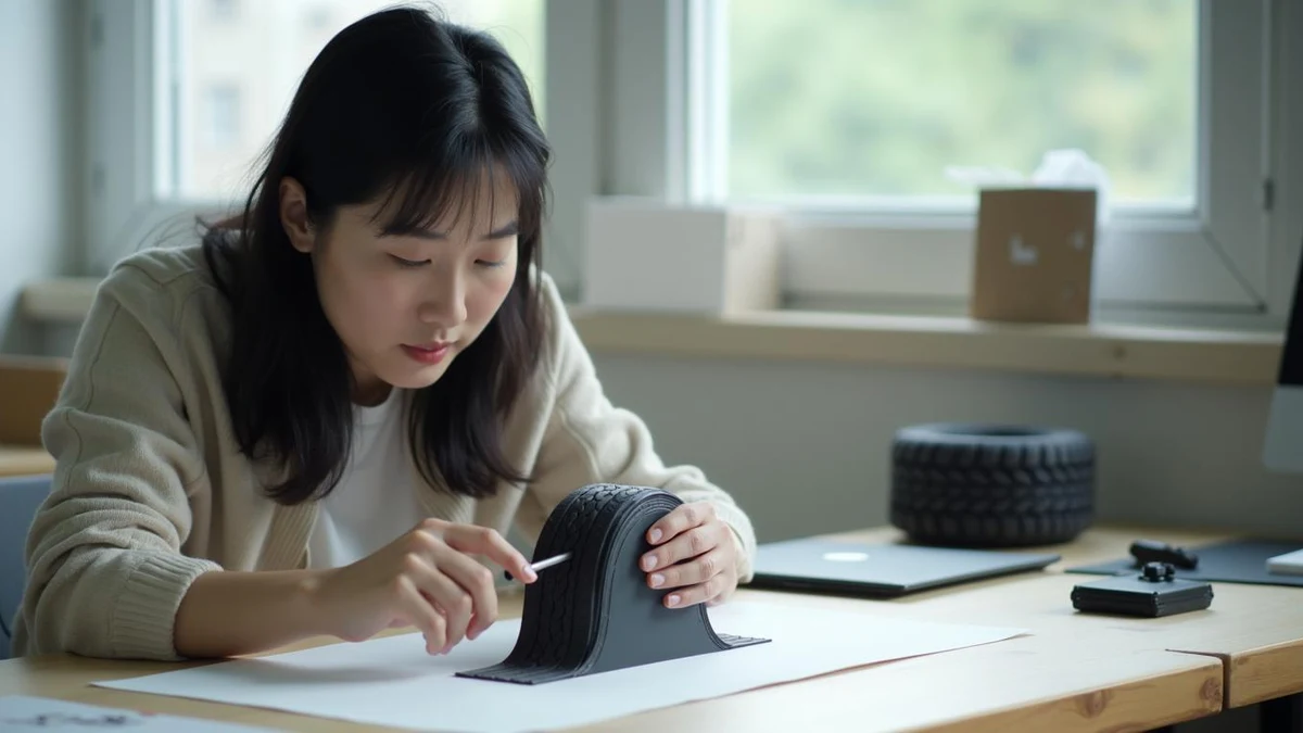 디자인 스튜디오 작업대에서 타이어 형상을 정밀하게 측정하는 한국인 디자이너