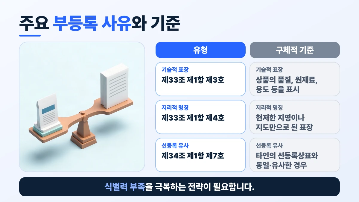 주요 부등록 사유와 기준 비교표: 기술적 표장은 유형 제33조 제1항 제3호, 구체적 기준 상품의 품질, 원재료, 용도 등을 표시; 지리적 명칭은 유형 제33조 제1항 제4호, 구체적 기준 현저한 지명이나 지도만으로 된 표장; 선등록 유사은 유형 제34조 제1항 제7호, 구체적 기준 타인의 선등록상표와 동일·유사한 경우. 식별력 부족을 극복하는 전략이 필요합니다
