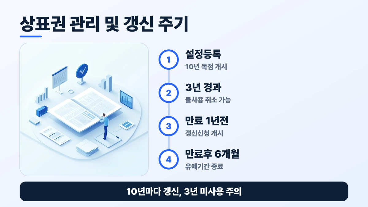 상표권 관리 및 갱신 주기 도표: 설정등록, 3년 경과, 만료 1년전, 만료후 6개월. 10년마다 갱신, 3년 미사용 주의