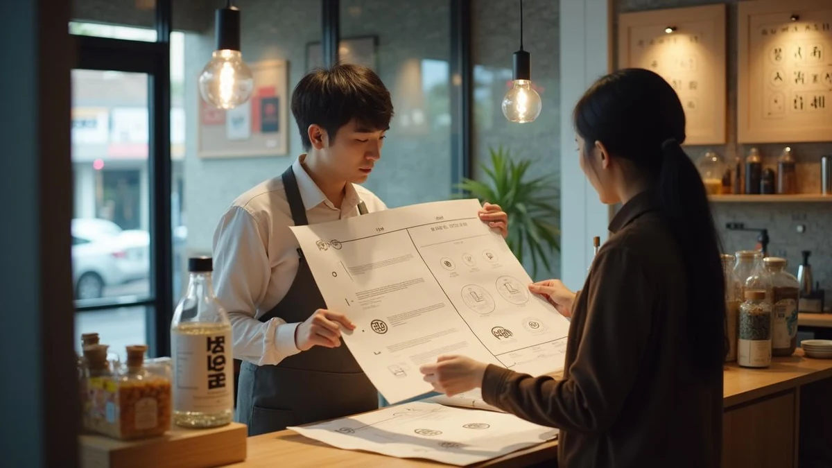 카페 매장에서 로고 디자인을 비교하는 한국인 사업자