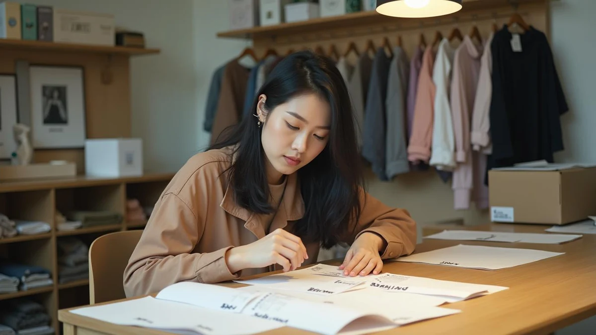 작업실에서 브랜드 태그와 이름을 검토하는 한국인 디자이너